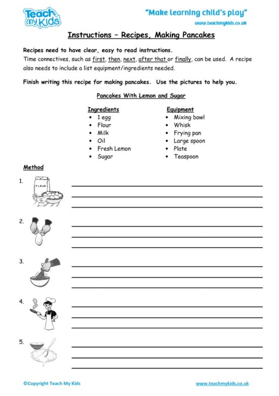 Worksheets for kids - instructions-recipe-making-pancakes